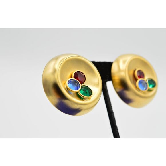 Vintage Crystal Clip Earrings Brushed Gold Rhinestone Chunky USA Signed NOS A21 - Picture 7 of 11